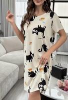 New Size Large Women's Cute Black Cats Elegant Sleep Dress - Light Beige Lounge Nightgown Soft Everyday Pajamas for Women, All-Season Comfortable Loungewear Cat Lovers Machine Wash 95% Polyester 5% Elastane stock photos added