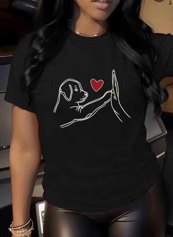 New Size XL Black Casual Women's Short Sleeve T-Shirt | Cute Cartoon Dog & Heart Print Round Neck Relaxed Fit Top for Summer Home Wear, Lounge & Everyday Outfits, Machine Washable Stock photo added 95% Polyester 5% Elastane
