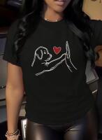 New Size XL Black Casual Women's Short Sleeve T-Shirt | Cute Cartoon Dog & Heart Print Round Neck Relaxed Fit Top for Summer Home Wear, Lounge & Everyday Outfits, Machine Washable Stock photo added 95% Polyester 5% Elastane