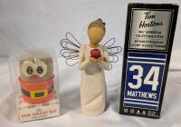 Home Decor Lot. Grass Elf, willow Tree Angel Figure and Tim Hortons Collectible Sticks. Angel Measures 5.5" Top