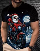 New Men's Santa Claus Motorcycle Christmas T-Shirt - Santa on Red Motorcycle with Snowy Night Design, Soft Stretch Fabric, Casual Round Neck Short Sleeve, Machine Washable 100% Polyester Stock photos added