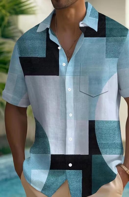 New Size XXXL Beautiful Coloured Retro Geometric Color Block Print Men's Short Sleeve Button-Pocket Shirt Single Breasted Machine Washable 100% Polyester Stock photos added