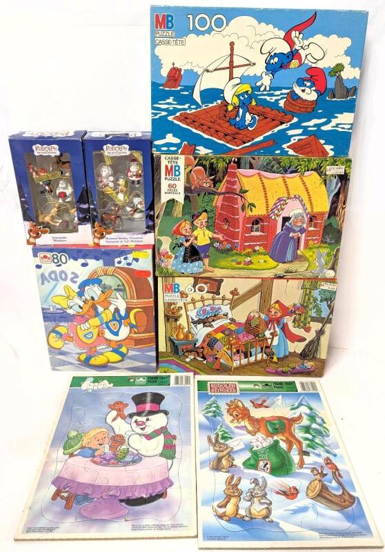 4 Vintage Jigsaw Puzzles incl Donald & Daisy Duck, Smurfs, 2 Golden Frame-Tray Puzzles, 2&times; Rudolph The Red-Nosed Reindeer Miniature Holiday Ornaments