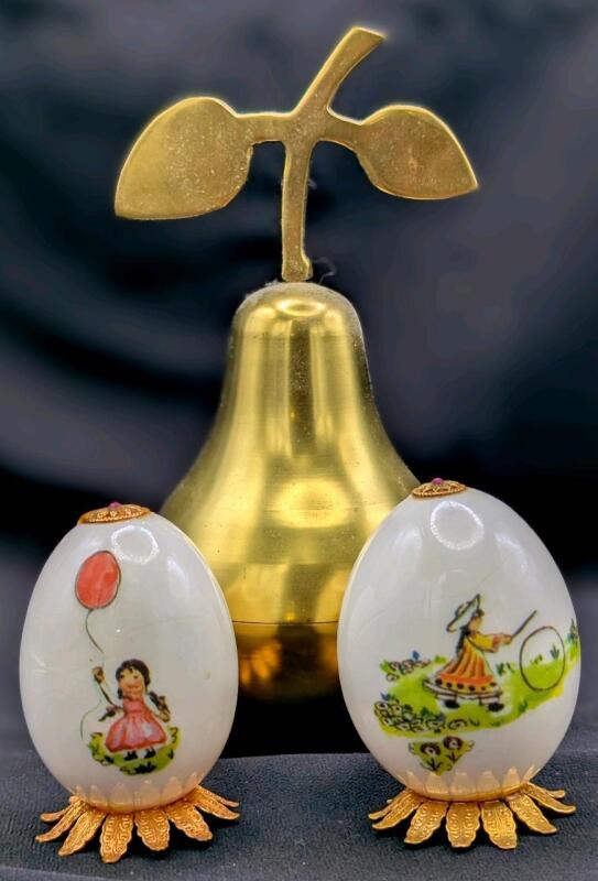 2 Vintage Handpainted Real Chicken Eggs & Solid Brass Pear-Shaped Trinket Box Made in India, 2.75" - 6.5" Tall, Hairline Cracks in Eggs