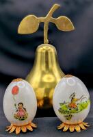 2 Vintage Handpainted Real Chicken Eggs & Solid Brass Pear-Shaped Trinket Box Made in India, 2.75" - 6.5" Tall, Hairline Cracks in Eggs