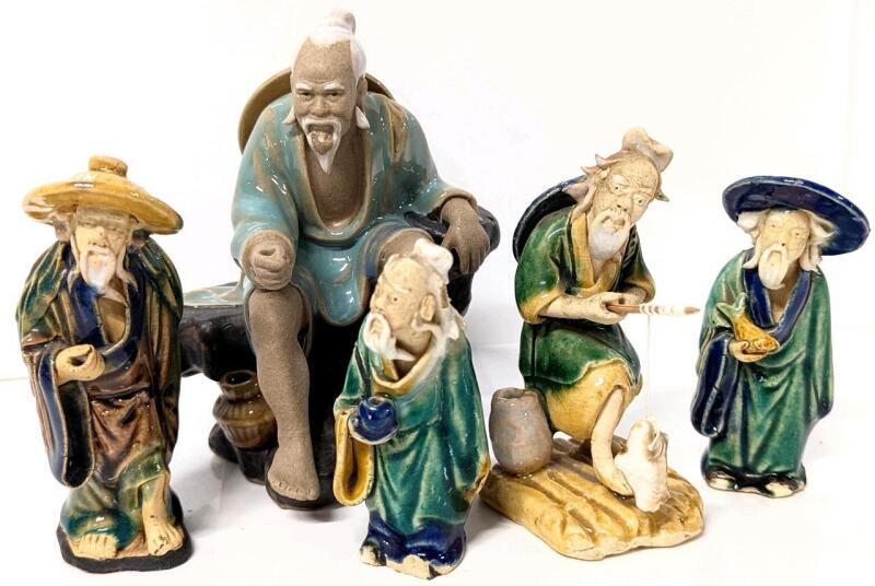 5 Vintage Chinese MUD MEN Figures Up To 5.25" Tall, Missing Fishing Poles, Fish Broken Tail, Other Chips May Be Present
