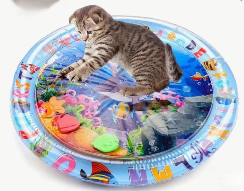 Interactive Water-Themed Cat Play Mat | Floating Fish Design, Durable PVC Non-Slip Floor Mat for Indoor Cats Approximately 25.1&rsquo;&rsquo; Stock photos added sealed Trim pets nails first LOL