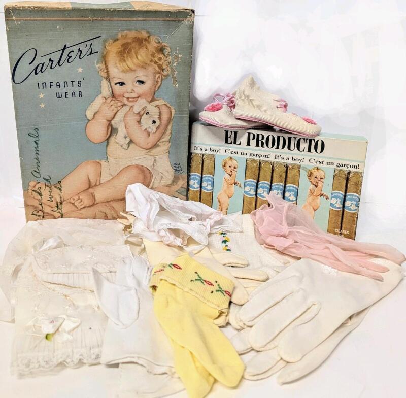 Vintage Carter's Infant Clothes Box, El Producto It's A Boy! Cigar Box, Baby Shoes, Bonets. Bib, Child Gloves & Adult Gloves (Size 6.5-7.5)