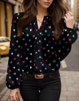 New Size Large Elegant Women's Blouse Button-Front Shirt with Non-Stretch Fabric Black with Pink & Brown Hearts Long Sleeve Chic Machine Washable 95% Polyester 5% Elastane Stock photos added