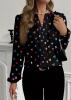 New Size Large Elegant Women's Blouse Button-Front Shirt with Non-Stretch Fabric Black with Pink & Brown Hearts Long Sleeve Chic Machine Washable 95% Polyester 5% Elastane Stock photos added - 4