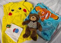 Kids Bathtime Lot. Hooded Pikachu Towel (46" by 23.5"), Finding Nemo Towel (60" by 54" )and More.