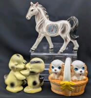Vintage Signed VAN TELLINGEN Hugging Ducklings Salt & Pepper Shakers, Giftcraft Japan Spaniel Puppies S&P Shakers in Basket & 5.75" Tall Porcelain Horse Table Thermometer