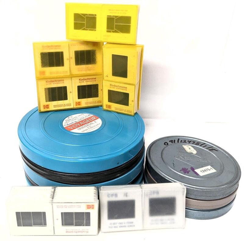 Vintage Universal 8 Film Reels in Tins 7", 3 Smaller 5" Film Reels in Tins + 6 Containers of Kodak Kodachrome + Other Slides
