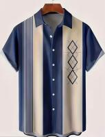 New Size XXL Men's Striped Color Blocked Short Sleeve Lapel Shirt Top, Casual Button Up Shirt Machine Washable 100% Polyester Stock photo added