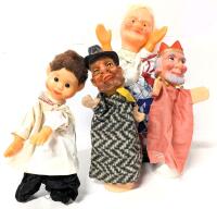 4 Vintage Hand Puppets : Russian Petrushka Baba & Boy With Pants, West Germany Happy King, Hunter