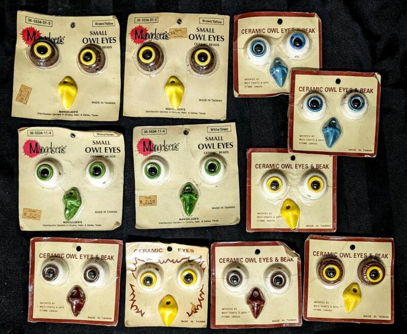 11 Vintage NOS Ceramic Owl Eyes & Beak Bead Sets, Eyes 1.25" Across, Mainly Used Gor Macrame