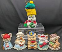 6 Vintage Porcelain Christmas Ornament Bells, Jasco, New Design, Giftco, One Chip Noted in Bottom Rim of the Giftco