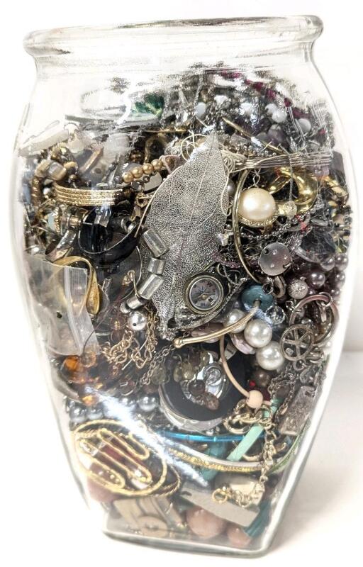 Large 9.15" Tall Jar Full of Jewelry Pieces For Crafting & Repair