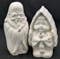 2 Vintage MCM BENIHANA OF TOKYO Canoe Boy & God of Luck Tiki Mugs, 7.5" Tall, Crazing Present Throughout Both