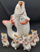 Vintage USSRWalking Fish Decanter & 5 Shot Glasses, 2.8" - 9.3" Tall, Small Chips in Base