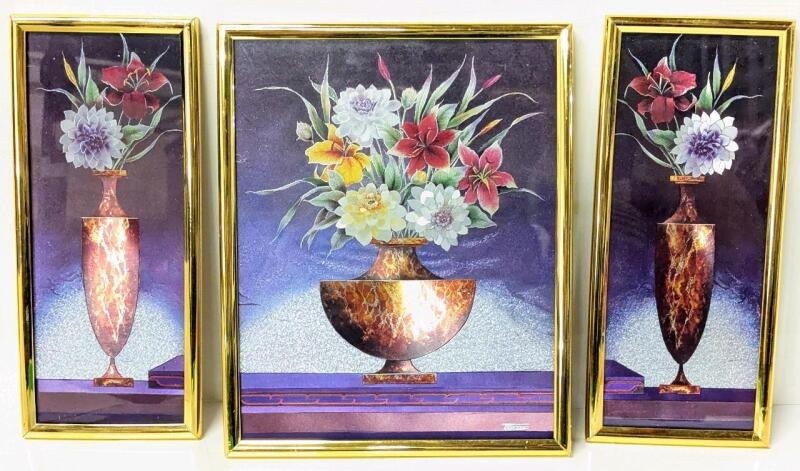 Screams the 80s! 3pc Vintage Metallic Foil Floral Lenticular(?) Framed FERRARO Art Prints, Up To 8.5" &times; 10.5" High