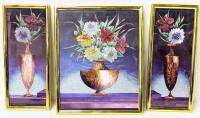 Screams the 80s! 3pc Vintage Metallic Foil Floral Lenticular(?) Framed FERRARO Art Prints, Up To 8.5" &times; 10.5" High