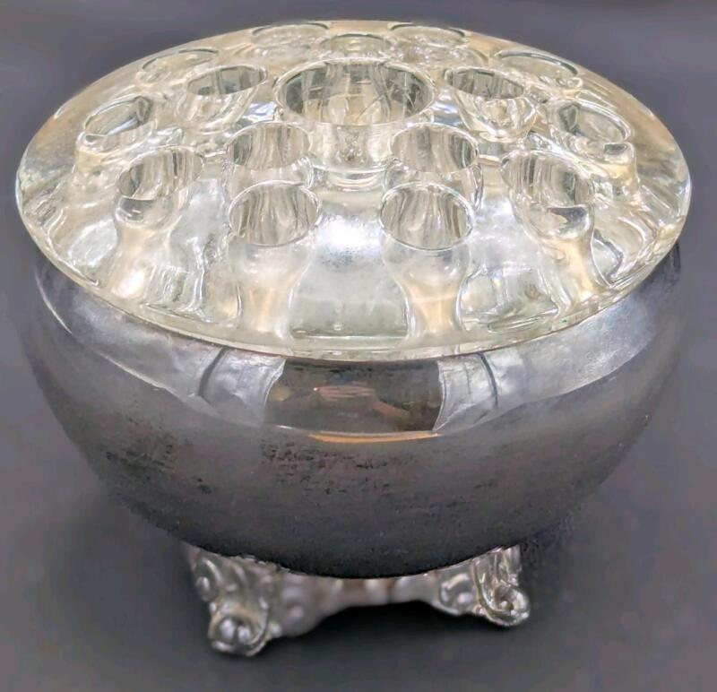 Vintage W.A. ROGERS Canada E.P. Plated Brass Flower Frog Bowl With Lead Crystal Insert, 3" Tall, No Chips or Cracks