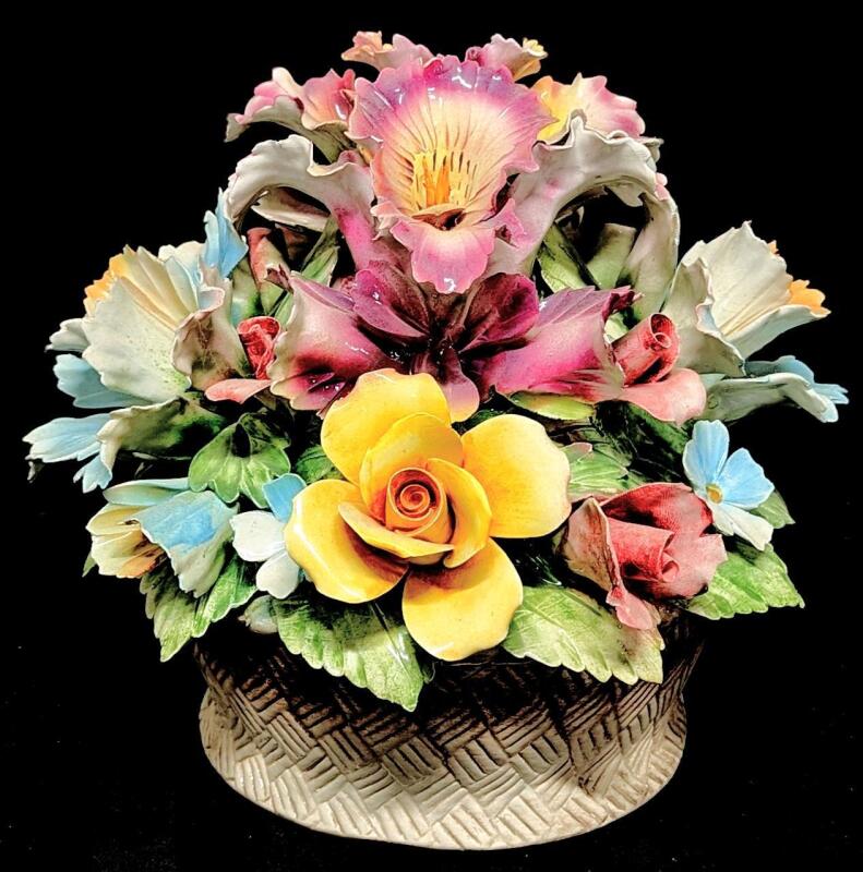 Large CAPODIMONTE Porcelain Floral Centerpiece / Flower Basket, 9.5" Tall, Chips Present