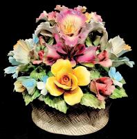 Large CAPODIMONTE Porcelain Floral Centerpiece / Flower Basket, 9.5" Tall, Chips Present