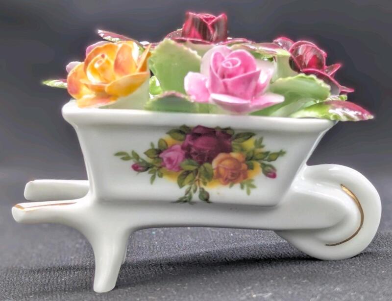Vintage ROYAL ALBERT "Old Country Roses" England Bone China Wheelbarrow Figure, 2.25" Tall, No Chips or Cracks