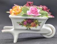 Vintage ROYAL ALBERT "Old Country Roses" England Bone China Wheelbarrow Figure, 2.25" Tall, No Chips or Cracks