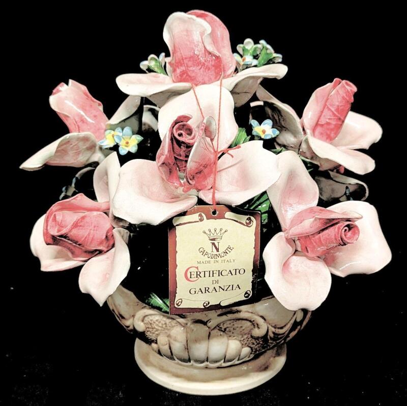 Large CAPODIMONTE Porcelain Floral Centerpiece / Flower Basket, 10" Tall, Chips Present