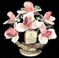Large CAPODIMONTE Porcelain Floral Centerpiece / Flower Basket, 10" Tall, Chips Present