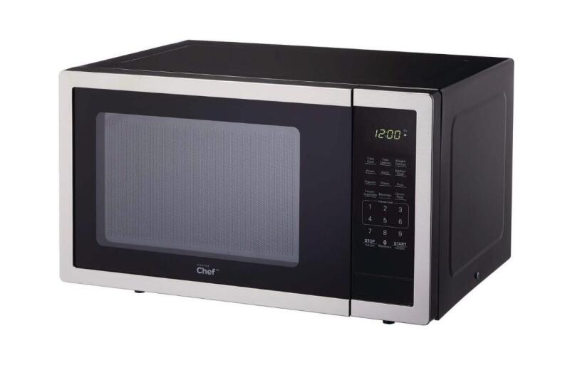 As-New Master Chef 0.9 CU Ft Black Microwave with Stainless Steel Trim - Retails for $149.99