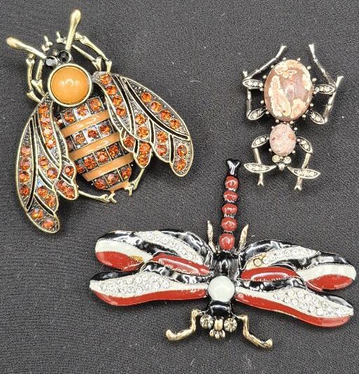3 Insect Brooches - Dragonfly & Beetles