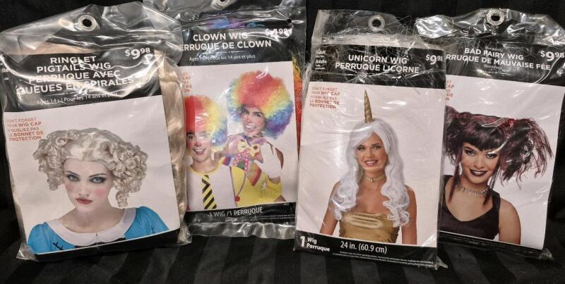 4 As New Adult Costume Wigs - Clown, Unicorn, Bad Fairy & Ringlet Pigtails Wig