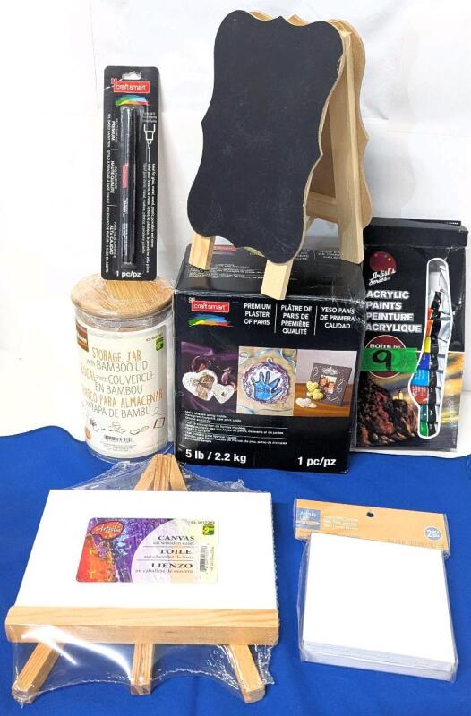 New Craftsmart 5lb Premium Plaster of Paris, Premium Oul-Based Multi-Surface Black Paint Pen, Storage Jar, Canvas on Wood Easel, 4" &times; 4" Mini White Easel, Chalkboard Mini Easel 8" & 9 Acrylic Paints