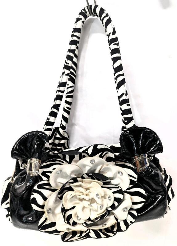 Striking Black & White 3D Flower Faux Leather Purse Handbag, 15" &times; 4" &times; 7" High