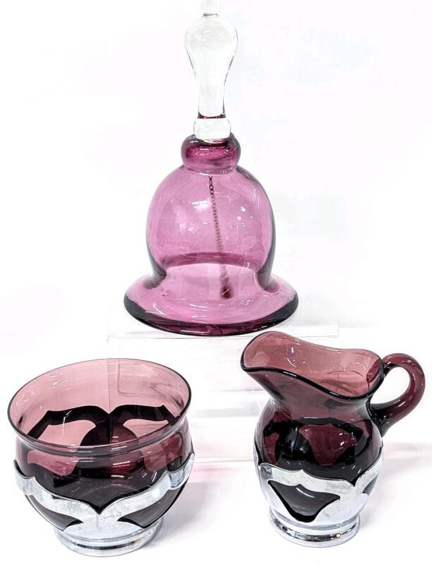 Vintage Handblown Cranberry Glass Bell 7" + Art Deco FARBER Bros New York Creamer & Sugar Bowl Amythst Glass and Chrome 87496 1924011, Crack by Creamer Handle