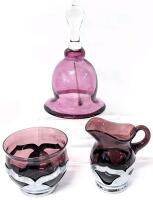 Vintage Handblown Cranberry Glass Bell 7" + Art Deco FARBER Bros New York Creamer & Sugar Bowl Amythst Glass and Chrome 87496 1924011, Crack by Creamer Handle