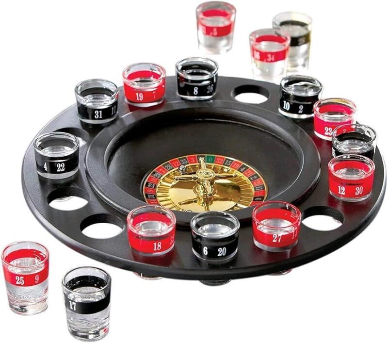 New CRYSTAL CLEAR Game Night Shot Glass Roulette Game, 16 Shot Glasses, 2 Metal Balls, 1 Spinning Roulette Wheel Shot Glass Holder