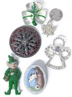 6 Vintage Brooches: Polymer Clay Nativity, Swarovski Rhinestone Angel, Rhinestone Maple Leaf, Clear Acrylic Shamrock, Round Brooch with Translucent Panels + Pendant Bale, Horrifying Leprechaun - Up to