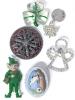 6 Vintage Brooches: Polymer Clay Nativity, Swarovski Rhinestone Angel, Rhinestone Maple Leaf, Clear Acrylic Shamrock, Round Brooch with Translucent Panels + Pendant Bale, Horrifying Leprechaun - Up to