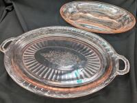2 Vintage Pieces of Depression Glass. Platter and Divided Dish. Platter measures 23.75" across