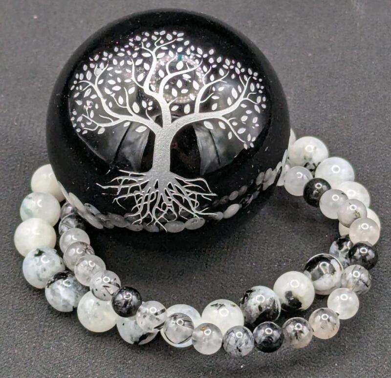 New A DROP OF CRAFT MAGICK CO Tree of Life Sphere + 2 Polished Stone Expansion Bracelets : Rainbow Moonstone & Black Rutile (One Size Fits Most)