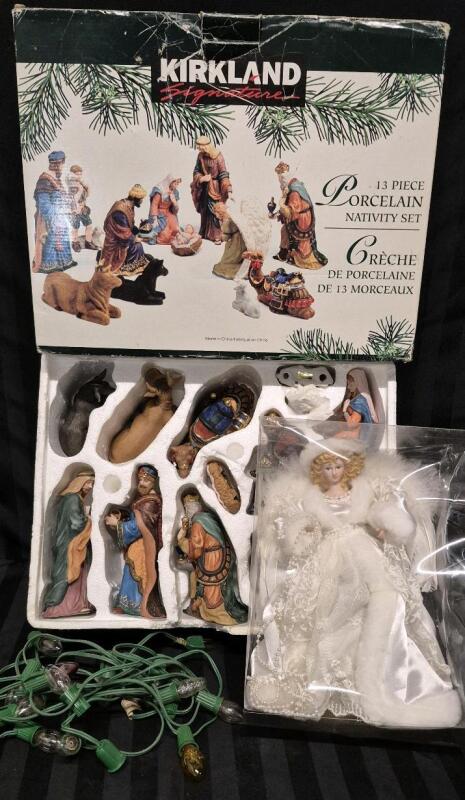 Vintage Tree Topper & String of Lights Working + Kirkland 13 Piece Nativity Set Complete