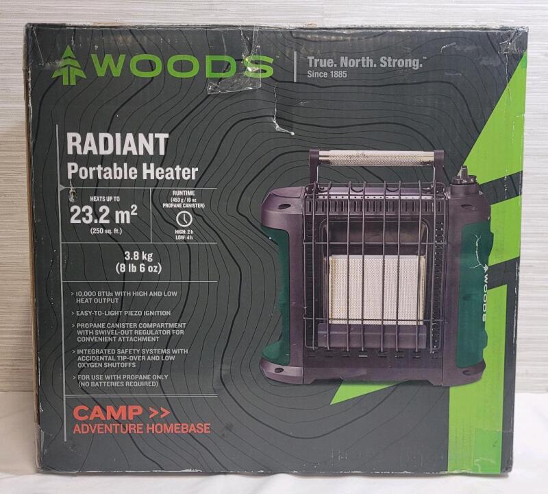 New , Open Box - Woods 10K BTU Radiant Portable Heater w/High and Low Heat Output . Accepts Liquid Proane Canisters . Retail $150 .