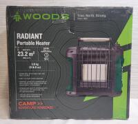 New , Open Box - Woods 10K BTU Radiant Portable Heater w/High and Low Heat Output . Accepts Liquid Proane Canisters . Retail $150 .