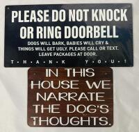 2 New Decorative Metal Signs for Dog Lovers; Includes &ldquo;Do Not Knock&rdquo; (12&rdquo; x 6&rdquo;) and &ldquo;We Narrate the Dog&rsquo;s Thoughts&rdquo; (8&rdquo; x 5.5&rdquo;)