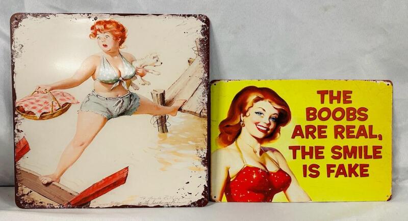 2 Decorative Metal Signs Featuring Women, Includes Woman Doing Splits (12&rdquo; x 12&rdquo;) and The Smile is Fake (12&rdquo; x 8&rdquo;)